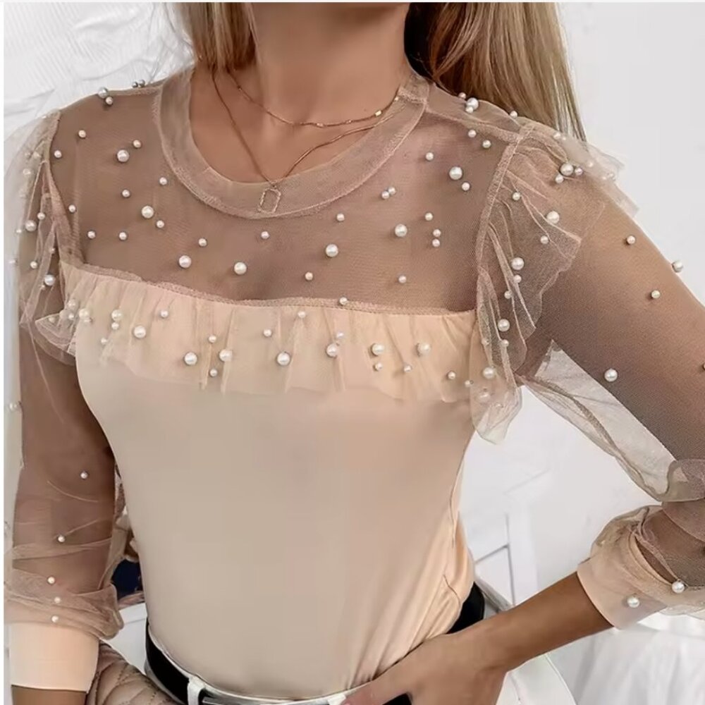 NWOT CHIC ME Beaded Sheer Mesh Peach Ruffled Top in Large